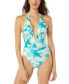 ფოტო #1 პროდუქტის Women's Abstract-Print Plunge-Neck One-Piece Swimsuit