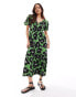 Wednesday's Girl bold bloom v-neck smock dress in green and black