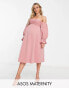 Фото #2 товара ASOS DESIGN Maternity shirred bardot blouson midi dress in soft pink