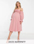 Фото #1 товара ASOS DESIGN Maternity shirred bardot blouson midi dress in soft pink