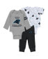 ფოტო #1 პროდუქტის Newborn and Infant Boys and Girls Gray, Black, White Carolina Panthers Three-Piece Turn Me Around Bodysuits and Pant Set