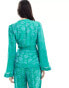 Y.A.S satin wide sleeve tie wrap top co-ord in teal jacquard floral