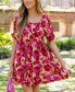 ფოტო #4 პროდუქტის Women's Pink & Red Floral Square Neck Ruffle Mini Beach Dress