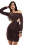 Фото #1 товара ASOS DESIGN slinky slash neck mini dress with cut outs in chocolate brown