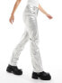 Only metallic straight leg trousers in silver Серебристый, M L32 - фото #7