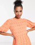 Фото #8 товара ASOS DESIGN Petite high neck pleated chevron dobby midi dress with puff sleeve in coral