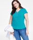 Фото #1 товара Plus Size Lace-Up-Neck Short-Sleeve Top, Created for Macy's