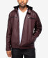 Men's Grainy Polyurethane Moto Jacket with Hood and Faux Shearling Lining