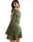 Pieces off the shoulder ribbed mini dress with lettuce edge detail in khaki Зеленый, S - EU 36 - фото #2