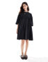 ASOS DESIGN short sleeve poplin mix mini dress with contrast neckline in black Черный, 36 - фото #3