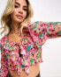 Monki mesh frill tie front cardigan in pink floral