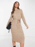 ASOS DESIGN knitted midi dress with tie waist in oatmeal