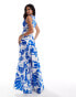 ASOS DESIGN satin high neck drape maxi dress with puddle hem in blue abstract print