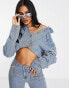 Fae cropped denim trucker jacket with diamante fringe in washed blue