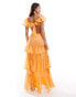 Фото #4 товара ASOS DESIGN flutter sleeve maxi dress with tiered skirt and lace trim in soft orange