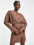 Фото #1 товара ASOS DESIGN cuffed long sleeved satin mini dress with pleat detail skirt in chocolate