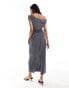 ASOS DESIGN fallen shoulder linen midi dress with pleat waist in charcoal