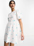 Y.A.S smock mini dress with embroidered blue flowers in white