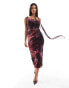 Фото #1 товара ASOS DESIGN rouleaux strap mesh cowl midi dress with drape tie detail in grape print