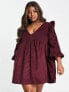 Фото #7 товара ASOS DESIGN Curve cord mini smock dress with ruffle shoulder in dark berry