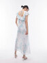 Topshop ruffle sleeve maxi slit front occasion dress in blue print