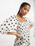 ASOS DESIGN linen look shirred bodice puff sleeve jumpsuit in mono spot print