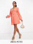 ASOS DESIGN Petite button through ruched waist pleated mini dress in metallic dobby in coral