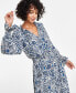 Women's Printed Tie-Neck Smocked Maxi Dress