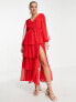 Фото #7 товара Miss Selfridge chiffon dobby tiered maxi dress in red