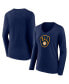 Фото #1 товара Women's Navy Milwaukee Brewers Official Logo V-Neck Long Sleeve T-shirt