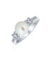 ფოტო #1 პროდუქტის Traditional Timeless Wedding Pave CZ Band White Cultured Button Pearl Solitaire Engagement Promise Ring For Women Side Stones Rhodium Plated 8MM