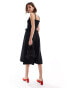 & Other Stories mixed fabric midi dress with ruched square neck bodice and full hem in black