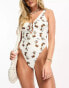 Reclaimed Vintage tie front swimsuit in palm tree print