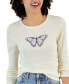 Juniors' Long-Sleeve Crewneck Butterfly Graphic T-Shirt