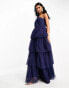 Y.A.S Bridesmaid one shoulder tulle maxi dress in navy blue