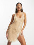 Фото #1 товара ASOS DESIGN scoop neck mini dress with shard sequin and thigh split in stone