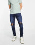 Jack & Jones Intelligence Pete skinny carrot jean with knee rips in blue black wash