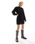 Glamorous rib knit tie waist mini knitted dress in black Черный, 34 - фото #2