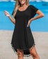Фото #4 товара Women's Black Round Neck Short Sleeve Tassel Hem Mini Beach Dress
