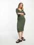 Фото #1 товара River Island v neck 3/4 sleeve ribbed midi dress in khaki