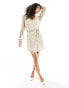 Vila tie waist v neck mini dress with sheer sleeves in cream spot Birke NORI, 36 - фото #3