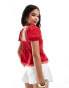 Фото #3 товара ASOS DESIGN tie front blouse with mini puff sleeve in red