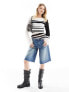 COLLUSION slash neck stripe jumper in black and white 36 - фото #3