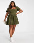 ASOS DESIGN Curve – Kurzes Skater-Kleid aus Leinen in Khaki mit Puffärmeln und Korsettdetail