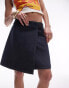 Фото #1 товара Topshop denim knee length wrap skirt with buckle in smokey blue