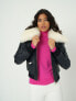 Фото #1 товара Women's Detachable Natural Shearling Collar Bomber Jacket, Jumbo Pattern Navy