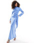 ASOS DESIGN satin long sleeve maxi dress with tie waist overlay detail in blue