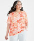 Plus Size Printed Cuffed-Sleeve Boat Neck Top, Created for Macy's