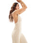 Фото #4 товара ASOS DESIGN halter neck crochet wide leg jumpsuit in neutral stripe