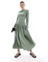 ASOS DESIGN dropped waist maxi dress with long sleeves in khaki Зеленый, 40 - фото #1